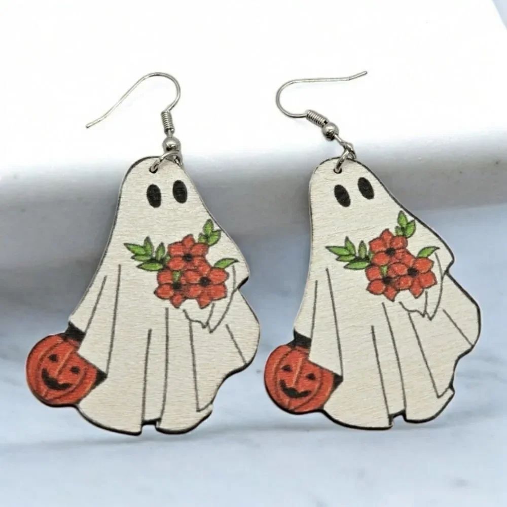 Ghost Earrings Flowers Pumpkin Jack O Lantern Wooden Halloween Cute Spooky Fun - Picture 5 of 5